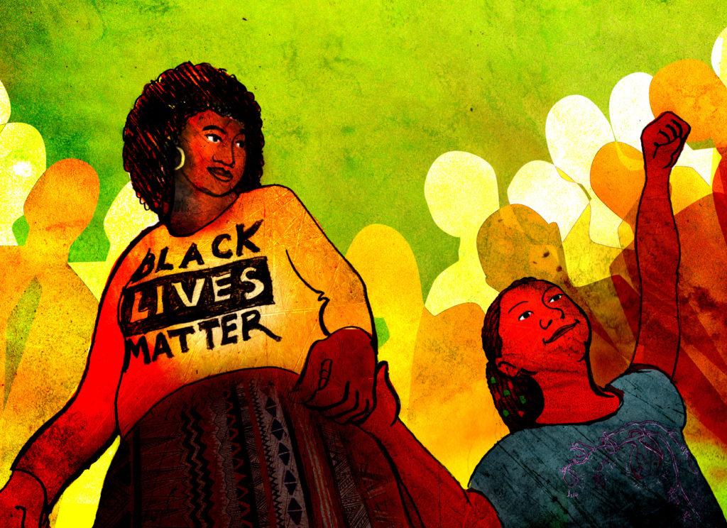 Image description: llustration of a Black mother wearing a Black Lives Matter shirt. She is holding hands with her young daughter, who is smiling with a raised fist.